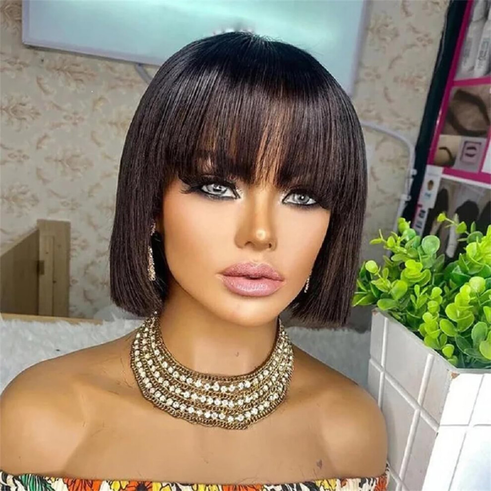 Unisex Black Human Hair Bob Wig With Bangs 200 Density Glueless Brazilian Remy Straight Bob Wig For Women