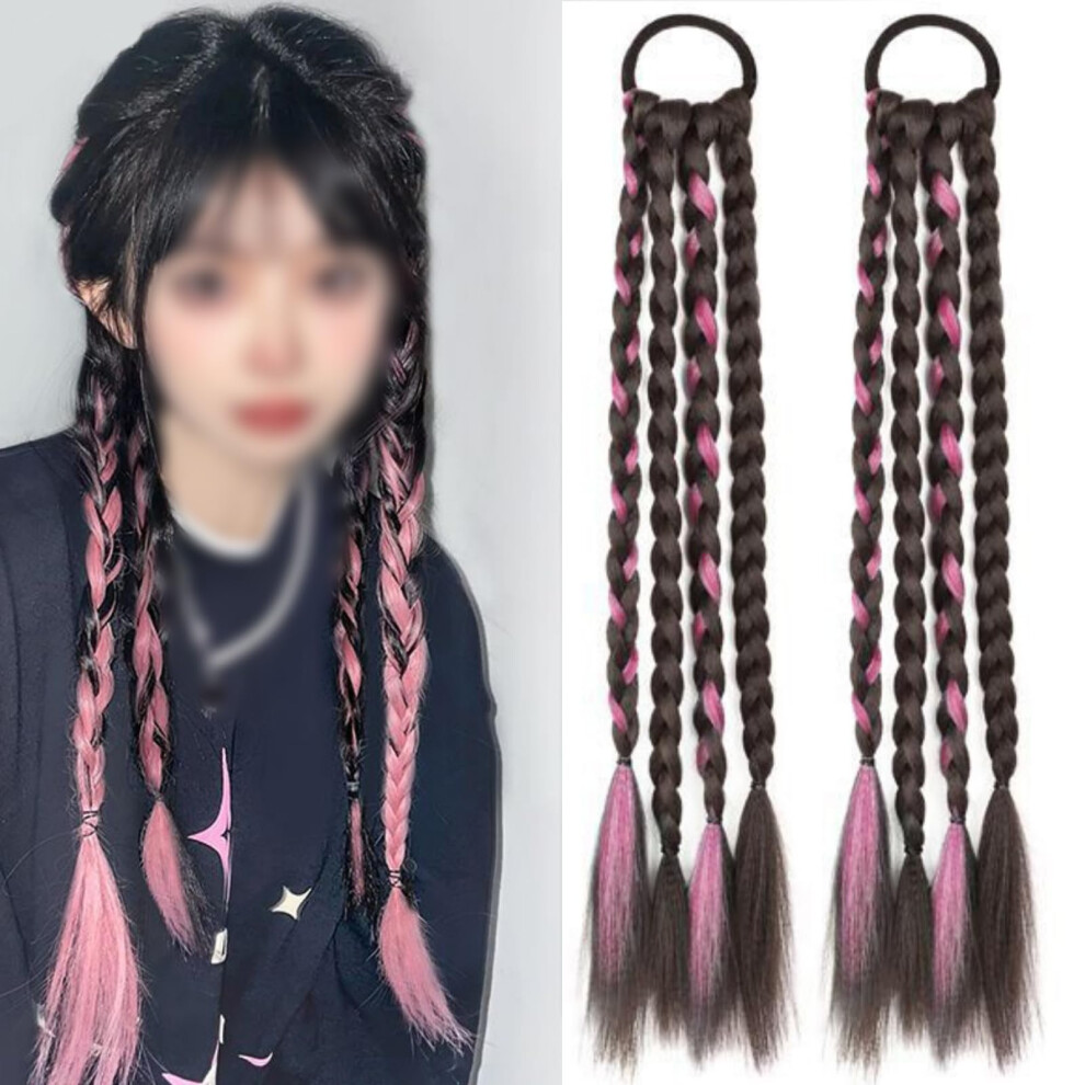 Braided Ponytail Extension for Women 16in 2pcs, Heat Resistant Synthetic Hair, Black Pink Highlights