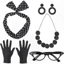 Ein Retro-50er-Jahre-Kostümaccessoire-Set für Frauen enthält Katzenaugenbrillen, Bandana, Stirnband, Ohrringe, Halsketten, Handschuhe,