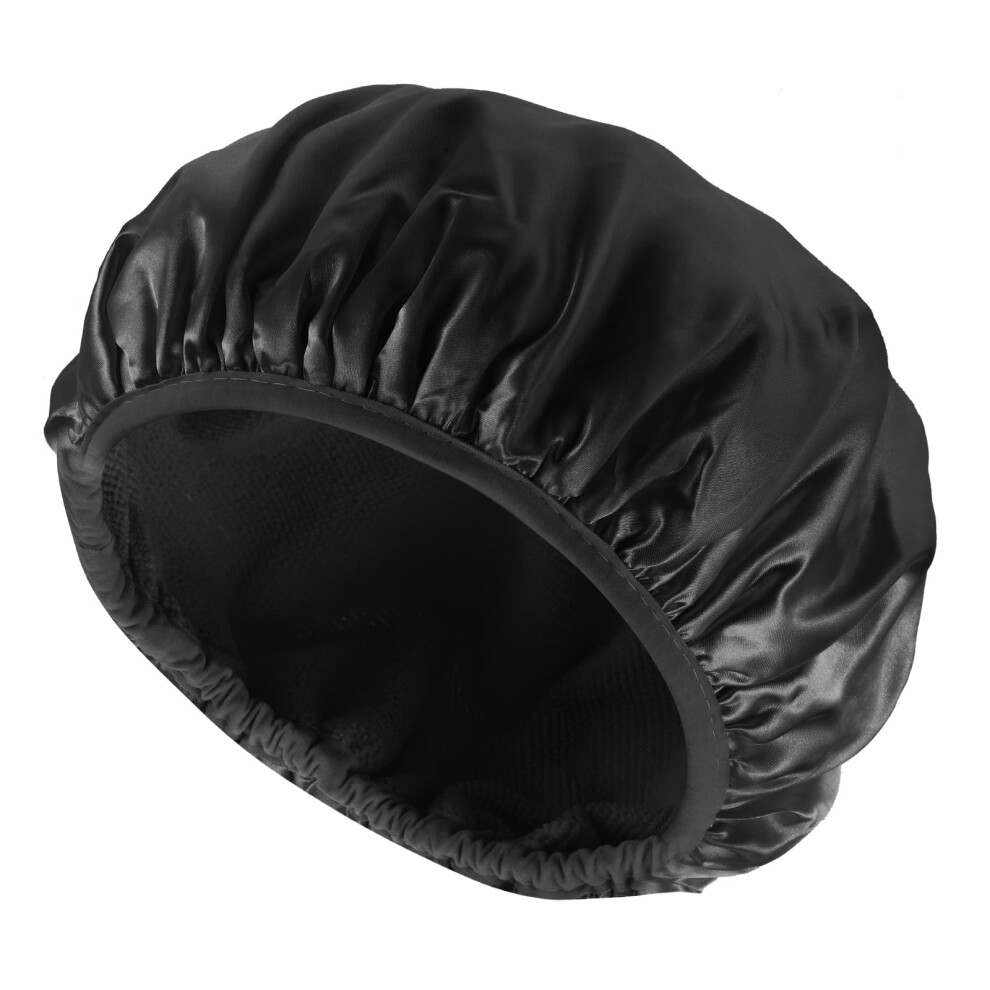 Black Large Waterproof Triple Layer Terry Lined Shower Cap For Women Antifrizz Reusable Hair Protection