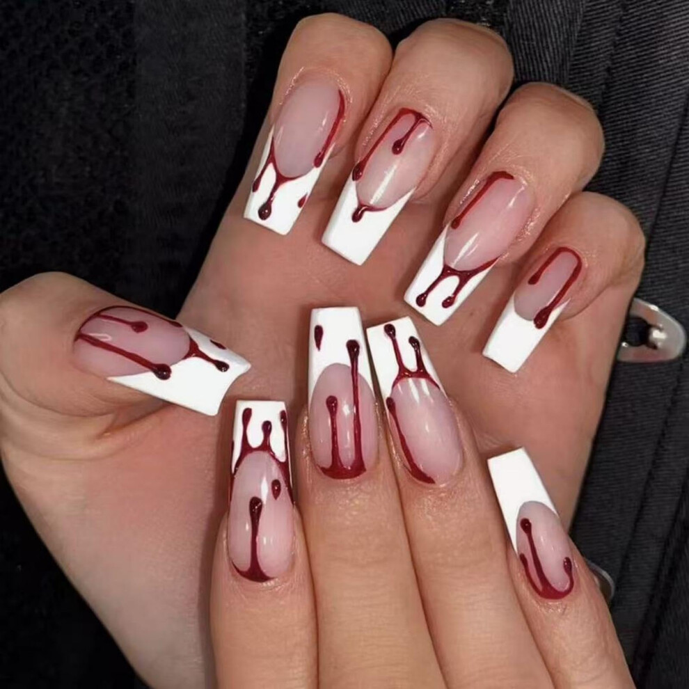 Halloween Press On Nails Long Coffin Fake Nails Red Blood French Tips Reusable Full Cover False Nails 24pcs