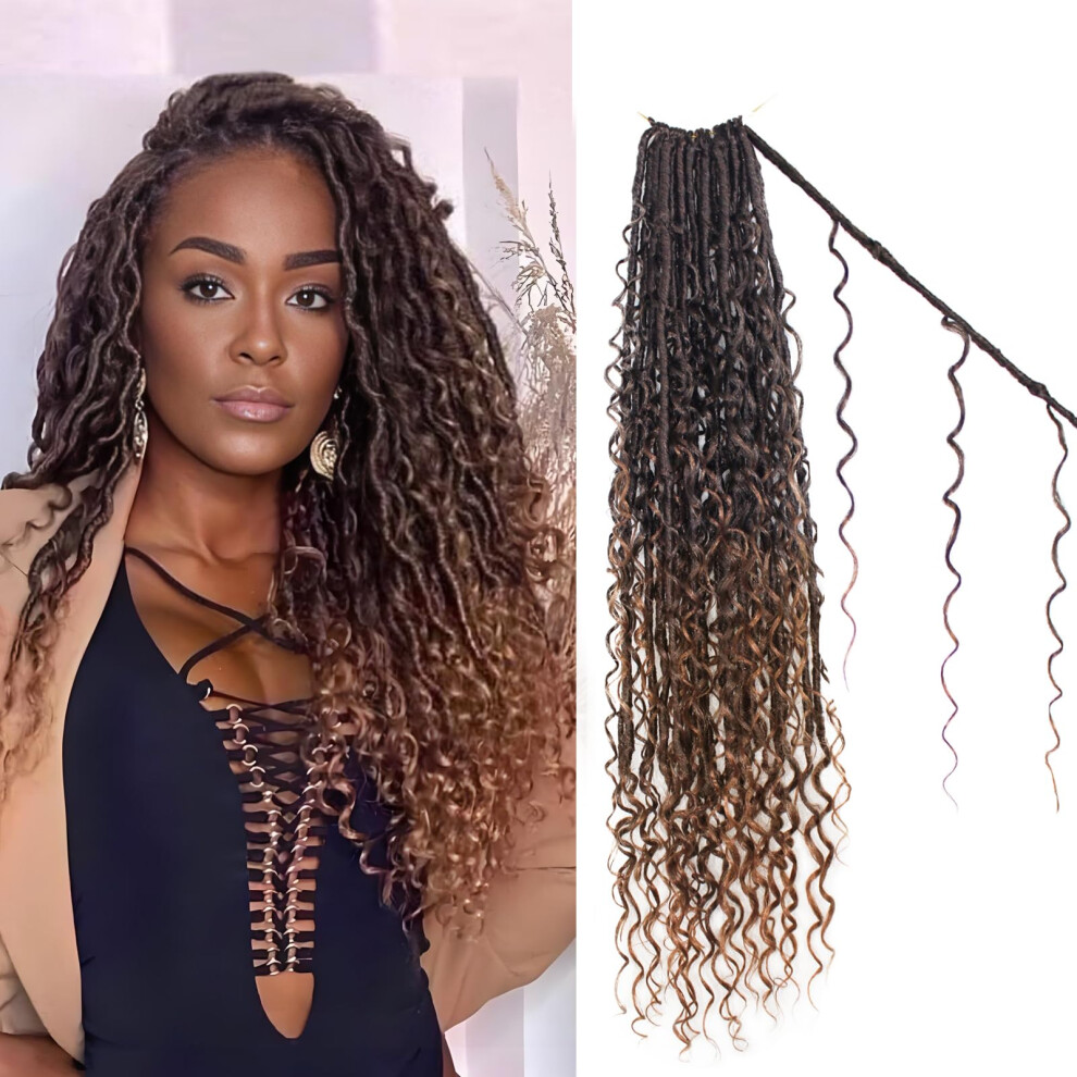 Unisex Black 18 Inch Goddess Locs Crochet Hair With Curly Ends, Prelooped Boho Faux Locs T30 For Women