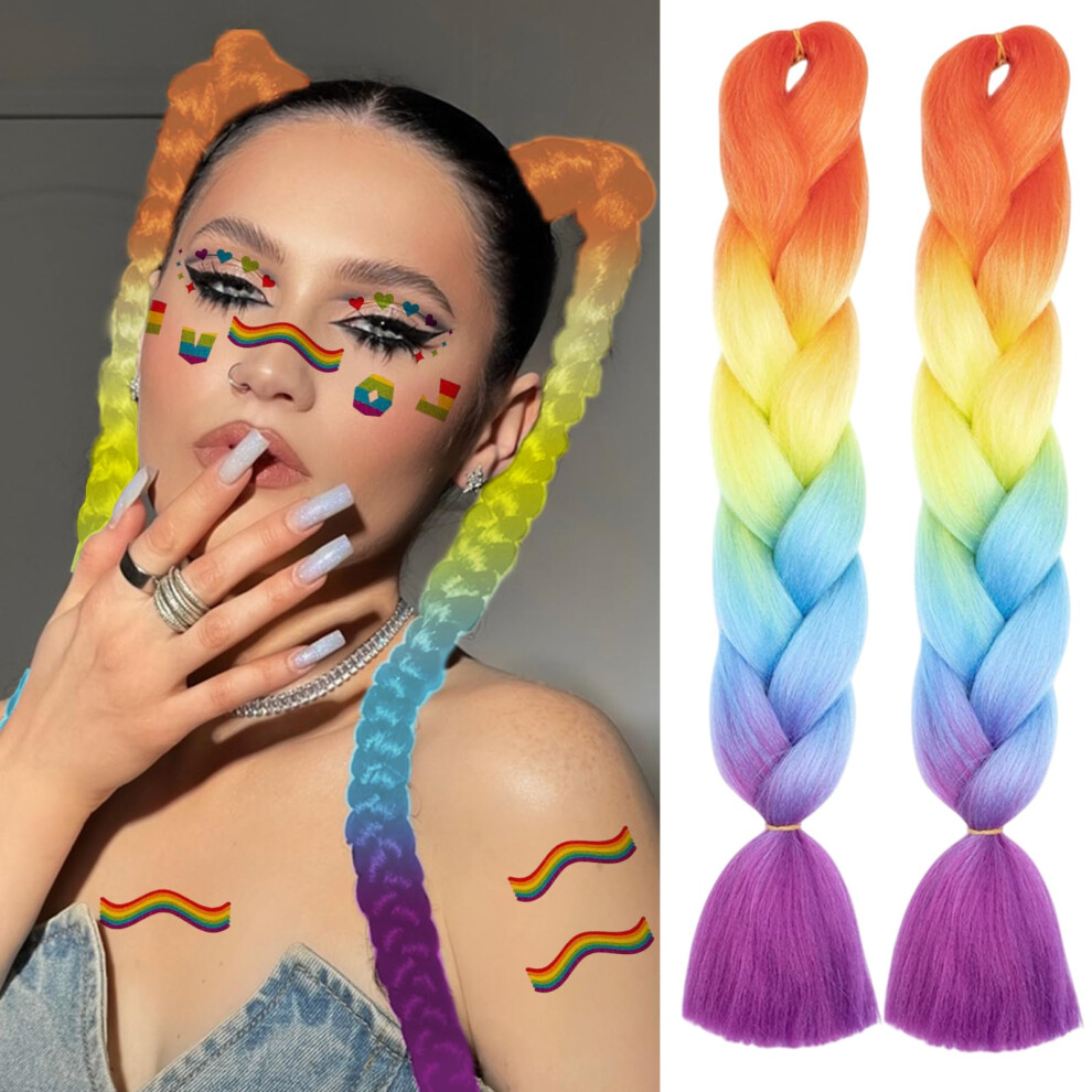 Unisex Rainbow Braiding Hair Extensions 24 Inch Ombre Synthetic Jumbo Braids For Women Prestretched