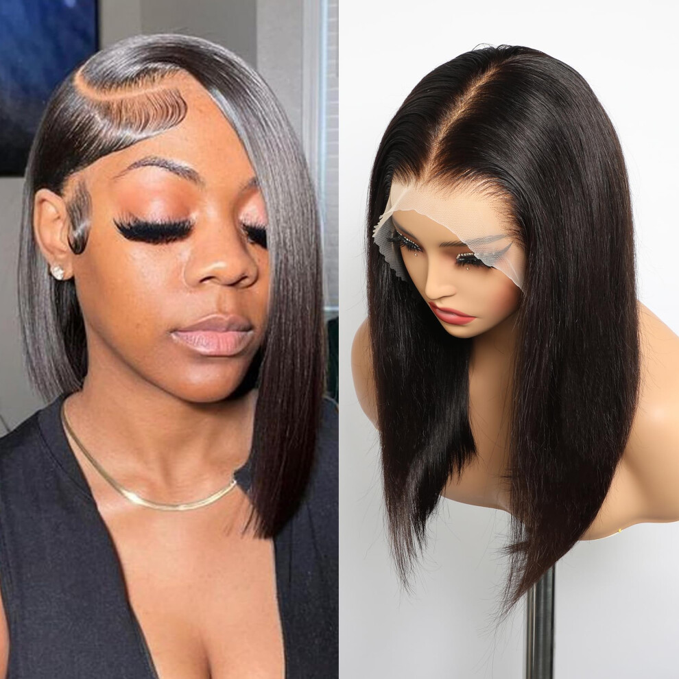 Unisex Black 13X6 Lace Front Wig Brazilian Remy Human Hair Bob Jet 10 Inch Natural Hairline