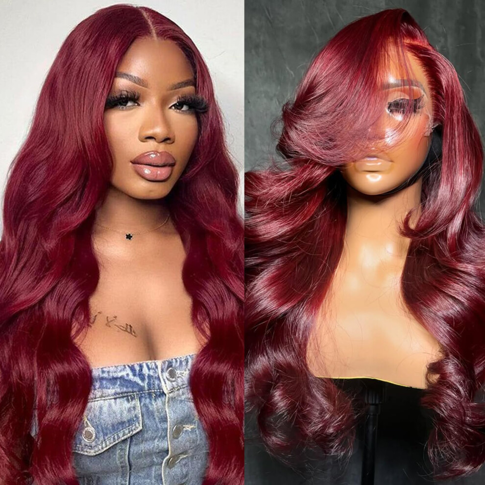 Unisex Red 28 Inch Burgundy Lace Front Wig Human Hair Body Wave Hd Invisible Hairline Pre Plucked