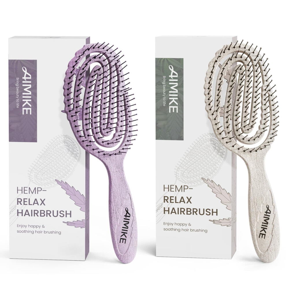 Purple/Beige Detangler Hair Brush With Gentle Bristles And Curved Vented Design For Wet And Dry Hair