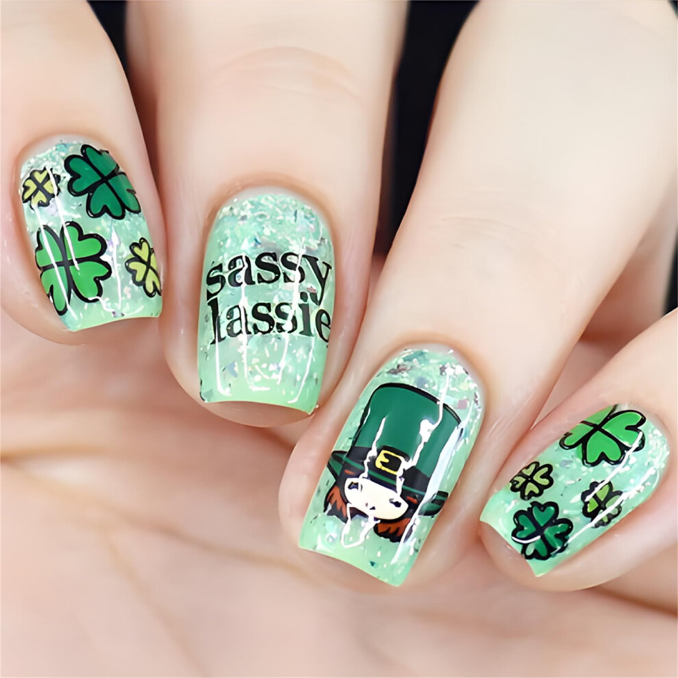 Green 24Pcs Shamrock Press On Nails For St Patrick's Day Full Coverage Acrylic Fake Nails