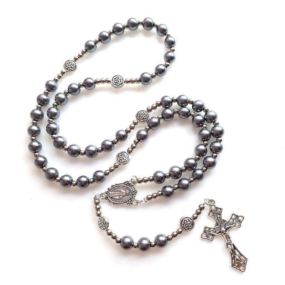 (As Show, Grey) Round Glass Beads Rosary Necklace Mary Jesus For Cross Pendant Religious Necklac 3242242620111