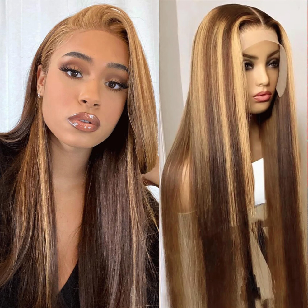 Unisex Human Hair Lace Front Wig 13X6 Hd Ombre Highlights 180% Density Glueless Straight Wig
