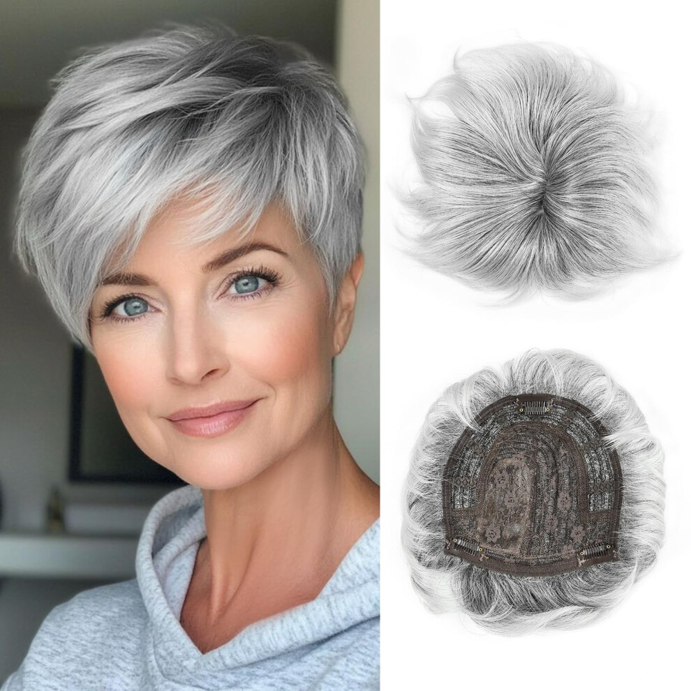 Grey Silver Short Fluffy Hair Topper with Bangs for Thinning Hair 360 Crown Coverage Women