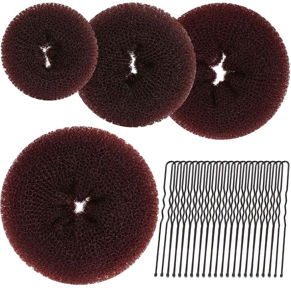 Hair Bun Maker Set with 4 Donut Bun Shapers and Pins for Easy Styling, Brown, Fits All Hair Volumes