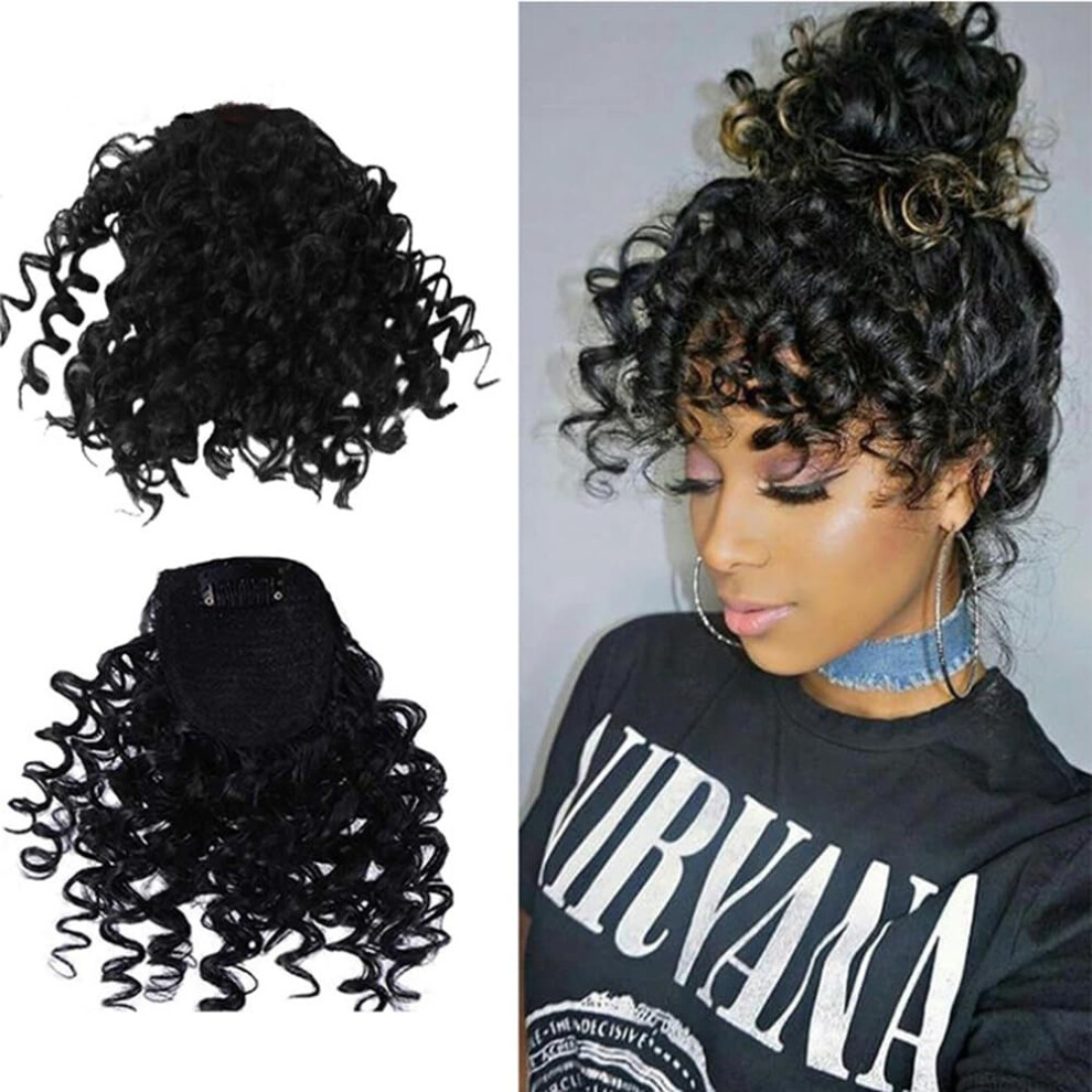 Unisex Black Afro Puff Drawstring Ponytail With Curly Bangs Hair Extension For Women, Synthetic Hairpiece