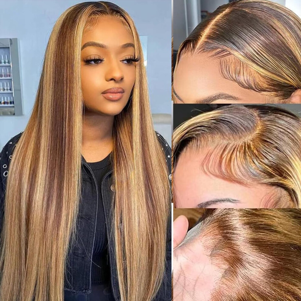 20 Inch Honey Blonde Highlight Human Hair Lace Front Wig HD Transparent 13x6 Pre Plucked 180% Density