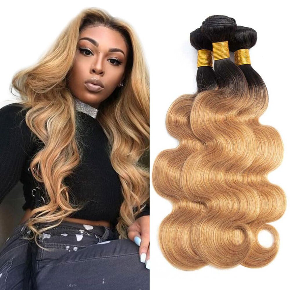 Unisex Black Brazilian Virgin Hair Ombre Body Wave Bundles 1B27 Honey Blonde Extensions 22 24 26 Inch