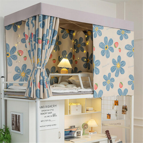 Bunk Bed Privacy Curtain Set with  Cover Flower Pattern for Dorm, Breathable Light Blocking