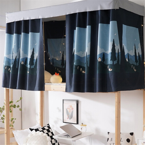 Dorm Bunk Bed Privacy Curtains Set, Full Coverage Breathable Fabric, Mosquito Protection, Mountain Pattern