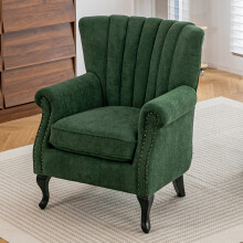 Elegant Green Chenille Armchair with Rubberwood Legs