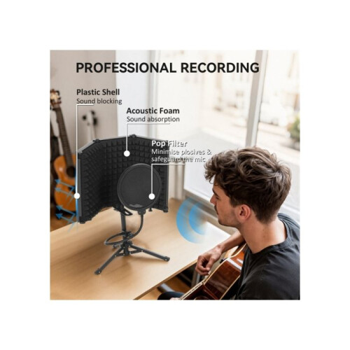 Recording Studio Microphone Pop Filter with Tripod Mount, Foldable and Adjustable Recording Equipment, Black 1
