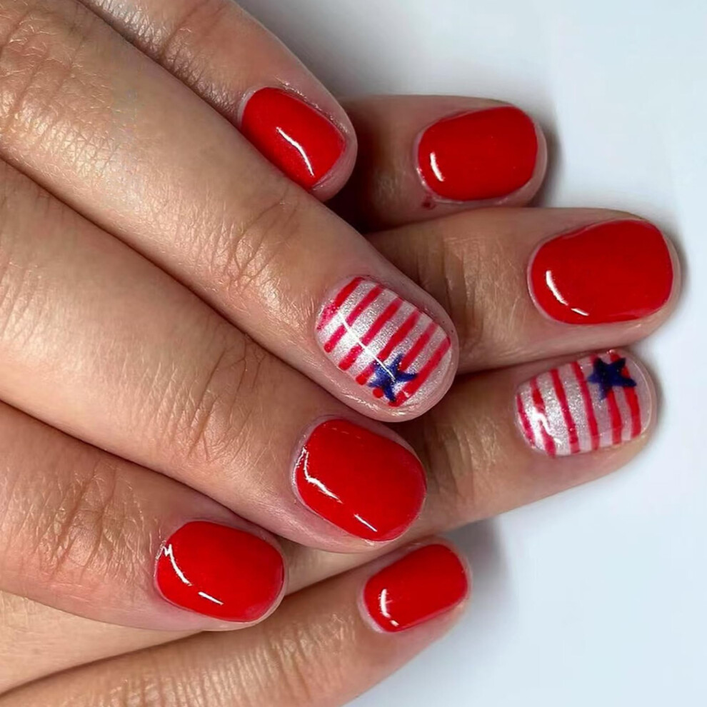 Short Oval Press On Nails 24 Pcs with Patriotic Star Design for Fourth of July Acrylic False Nails