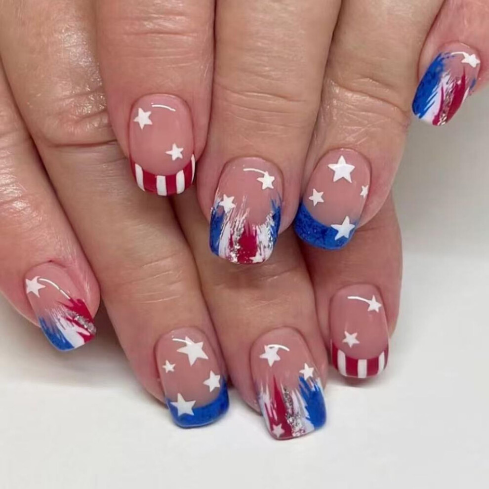 4th of July Press On Nails with Patriotic Flag Design, Glossy French Tips, Durable Fake Nails Set