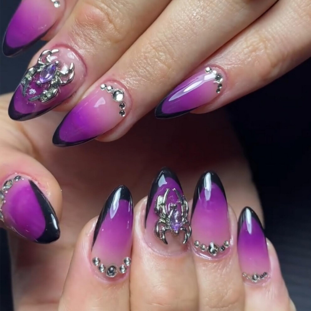 Black,Purple Halloween Press On Nails Short Almond Black French Tip With Spider Rhinestones Purple Gradient 24Pcs