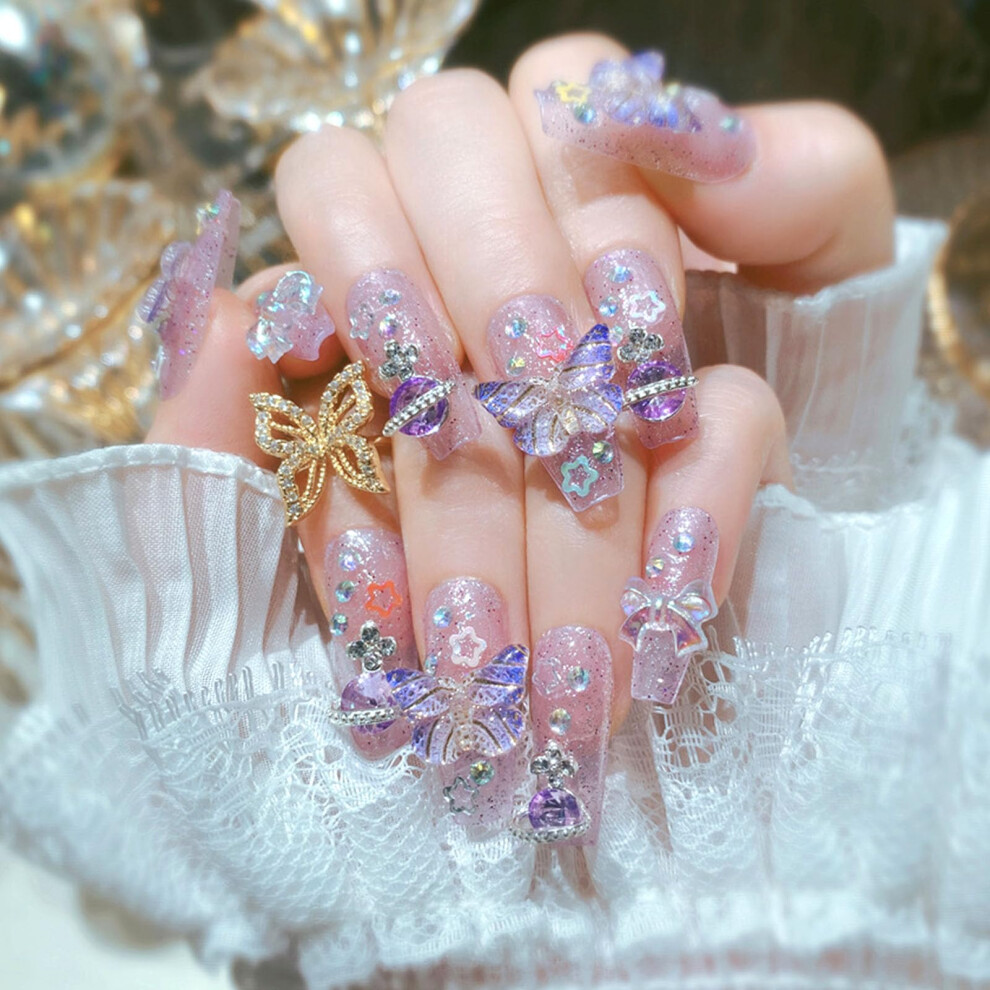 Purple Coffin Press On Nails with 3D Butterfly Bow Rhinestones, Glitter Acrylic Fake Nails 24 Pcs