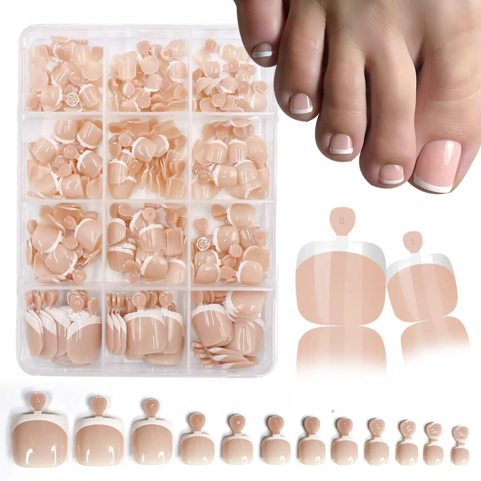 White 240Pcs French Tip Press On Toenails Short Square Fake Toenails For Women, Glossy Durable Fit