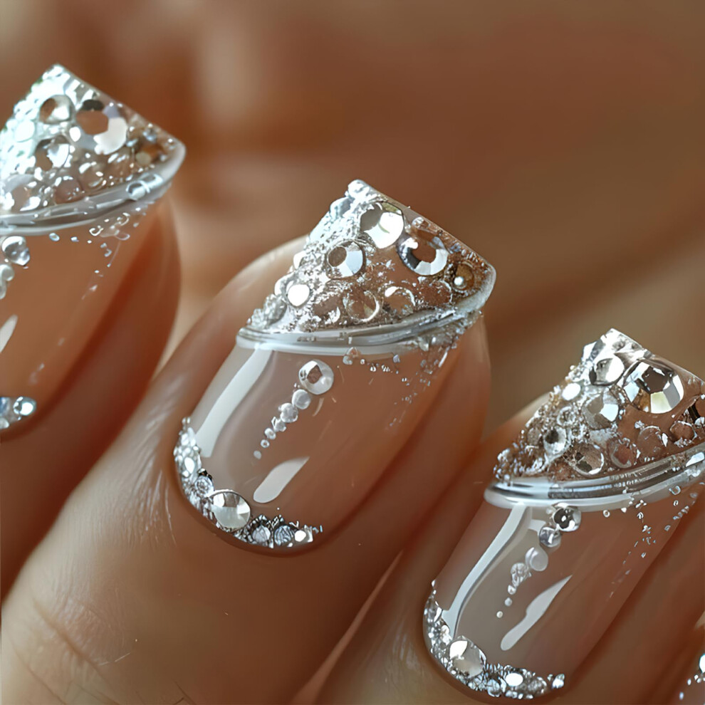 Short Square Rhinestone Press on Nails Set, SalonQuality Glitter Fake Nails for Women, Reusable 24pcs