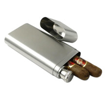 Stainless Steel 2 Finger Cigar Case with 2oz Flask, Durable 2 in 1 Travel Cigar Holder