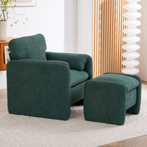 Living And Home Green Chenille Upholstered Armchair with Footstool 1