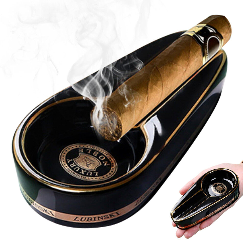 Luxury Gilded Ceramic Cigar Ashtray with Secure Slot, Heat Resistant for Home Office or Travel