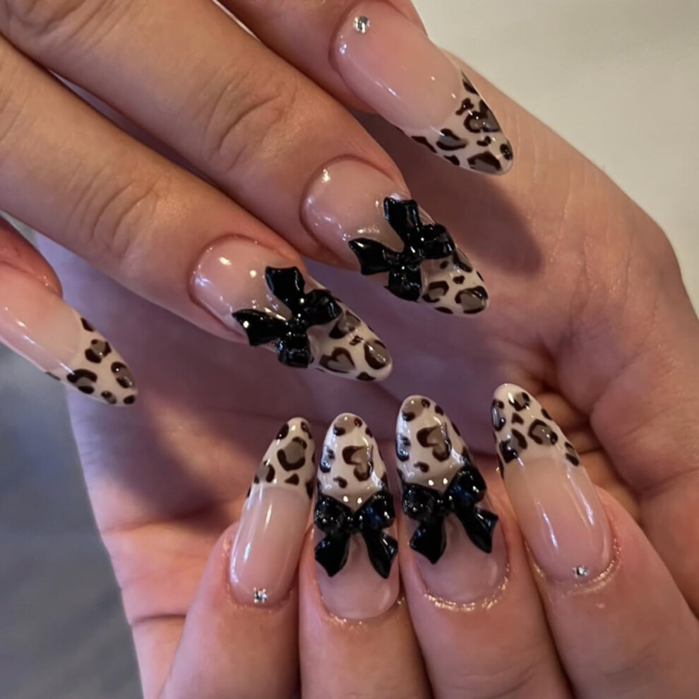 Leopard Press On Nails with Rhinestones 3D Bow French Tips Reusable Gel Nail Set Salon Look 24pcs