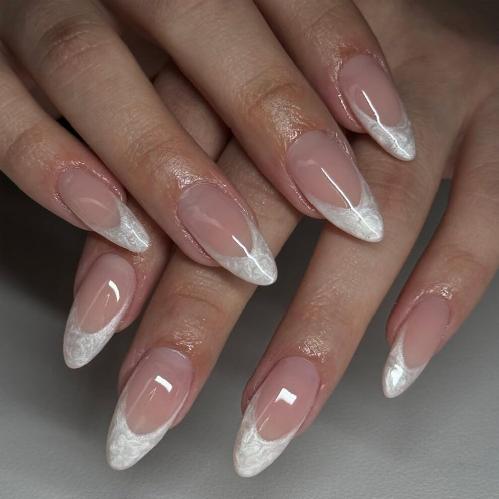 Medium French Tip Almond Press On Nails Set with Glue, Reusable Salon Look Acrylic False Nails for Women 24Pcs