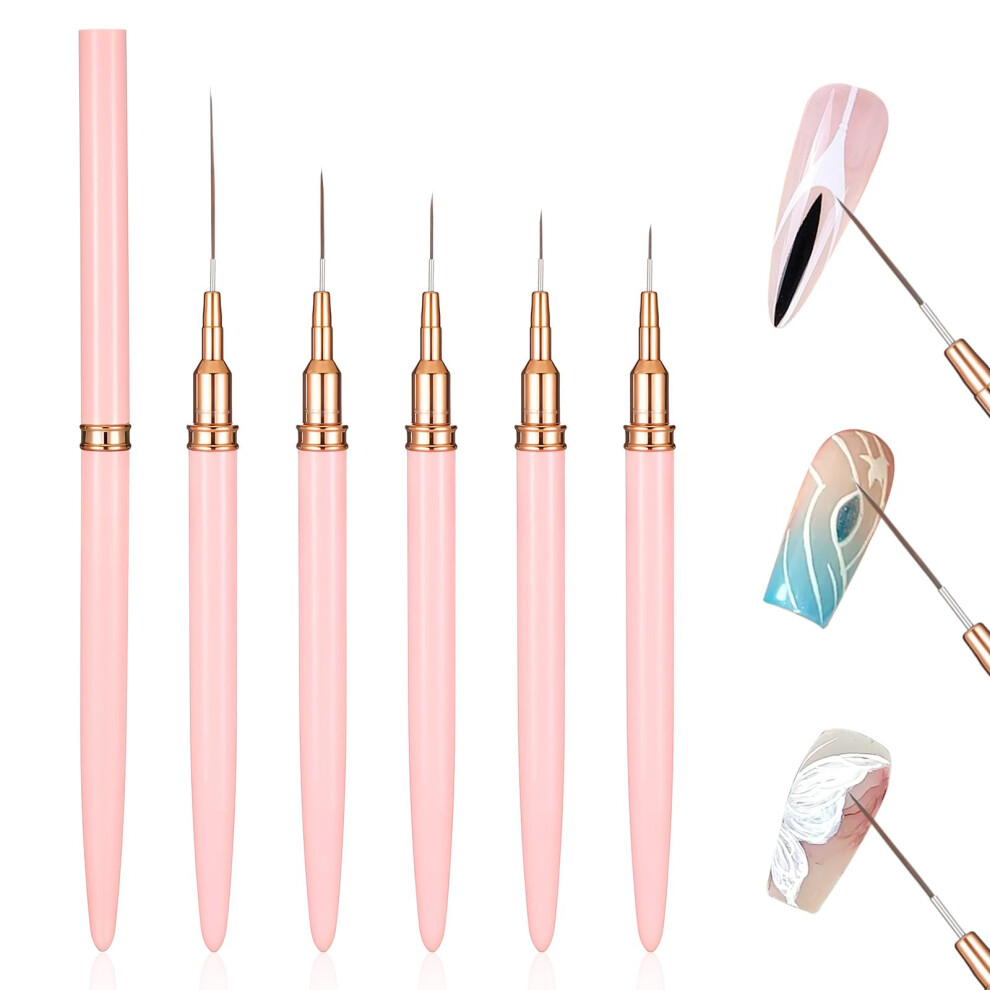 Pink 5 Pcs Nail Art Liner Brushes Set With Durable Metal Grip For Uv Gel Fine Detail Painting 725Mm