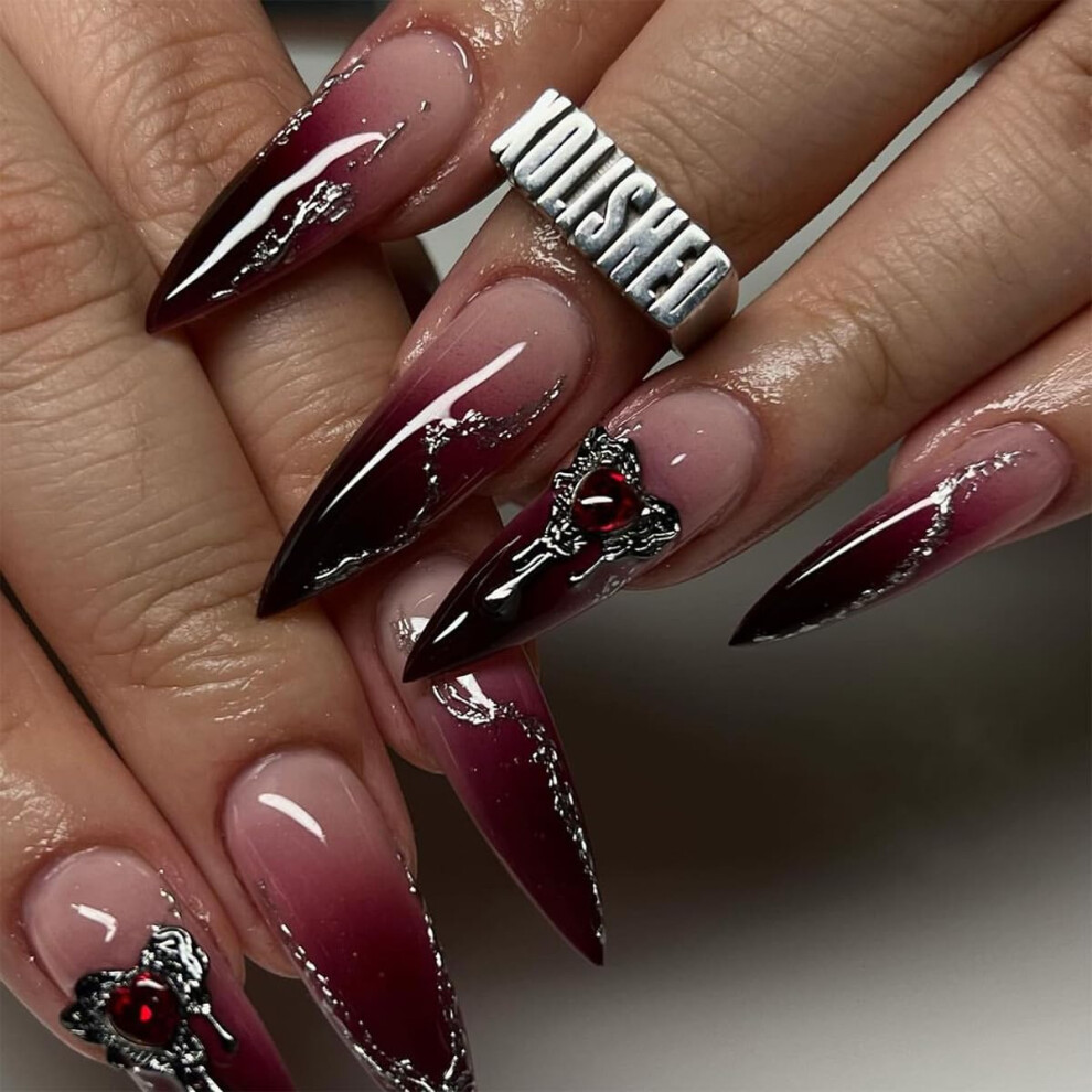 Black,Purple Black Purple Glitter Press On Nails Long Stiletto Gothic Fake Nails With 3D Gem Hearts Reusable Kit 24Pcs