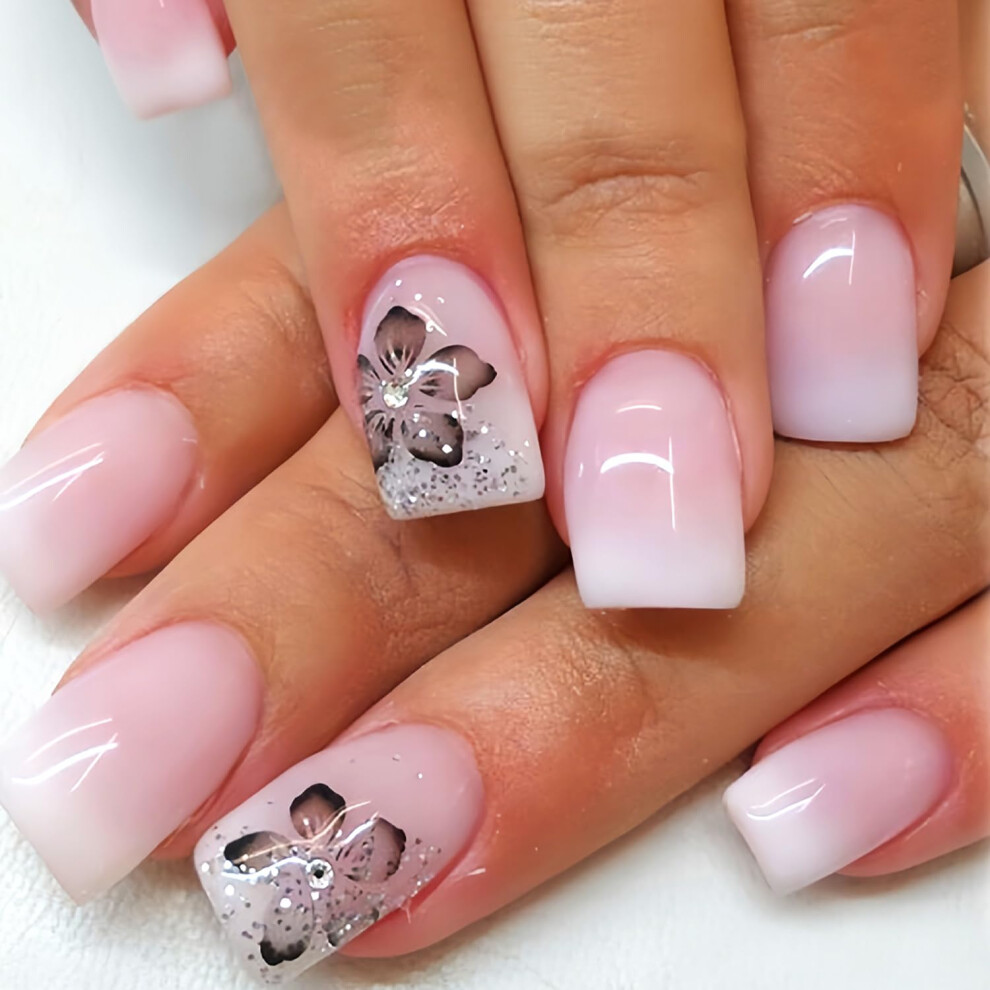 Pink Medium Square Gradient Press On Nails With Glue, Glossy Soft Gel Fake Nails Set For Women