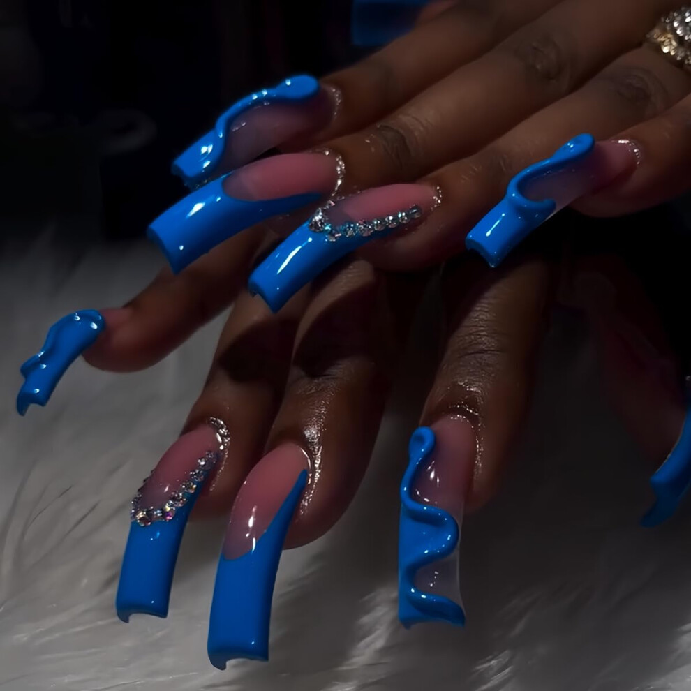 Blue French Tip Press on Nails Set Square Long 3D Curved Acrylic Fake Nails 24âPiece ReadyâtoâWear Manicure
