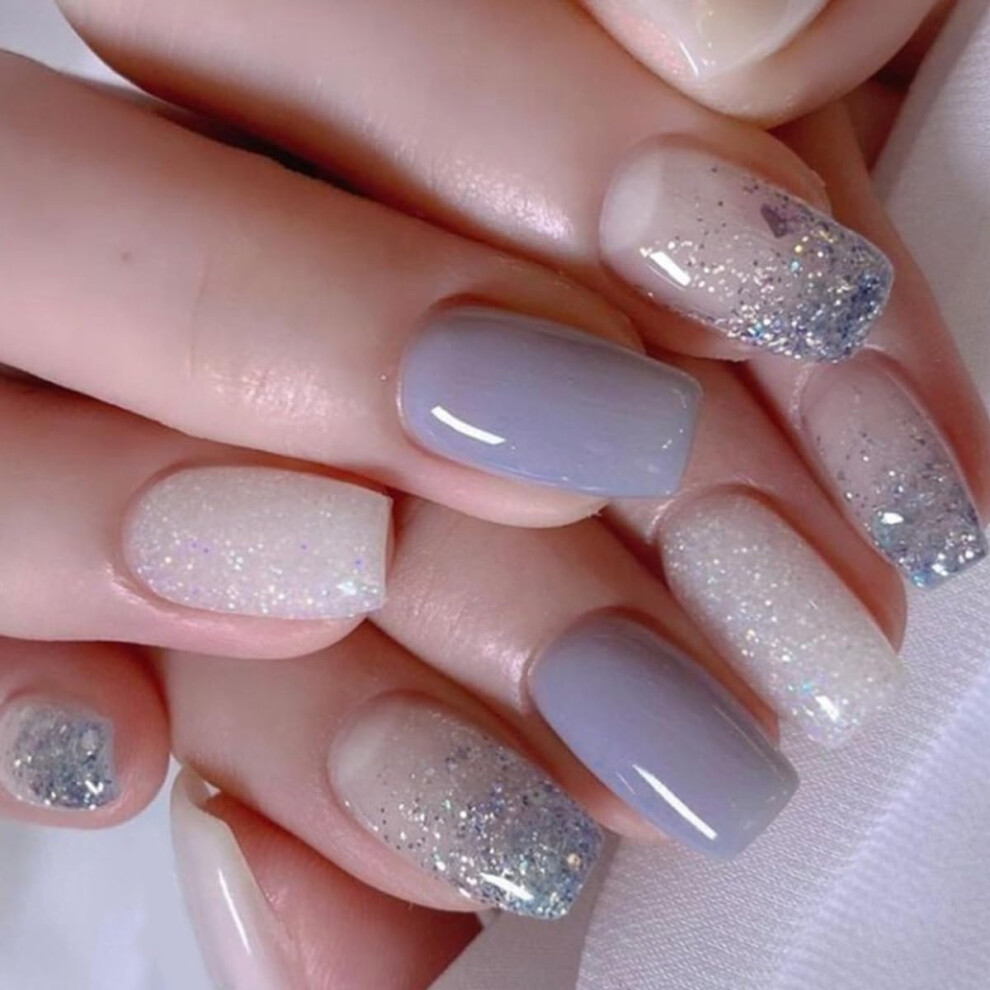 Silver 24Pcs Glitter Press On Nails Short Square Coffin False Nails Salonquality Glossy Diy Manicure Kit