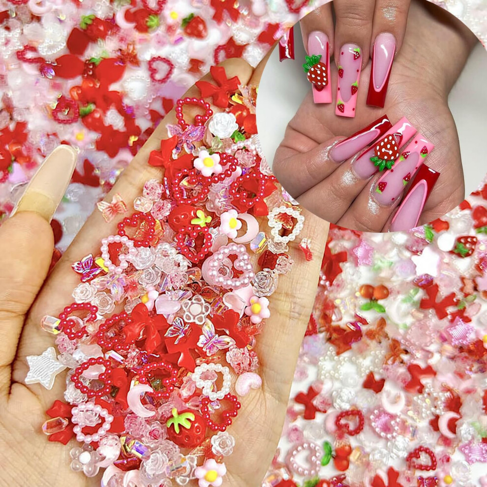 Red/Pink 100Pcs 3D Nail Charms Set Cute Strawberry Cherry Rose Heart Butterfly Flower Nail Art Decorations For Summer Diy Designs