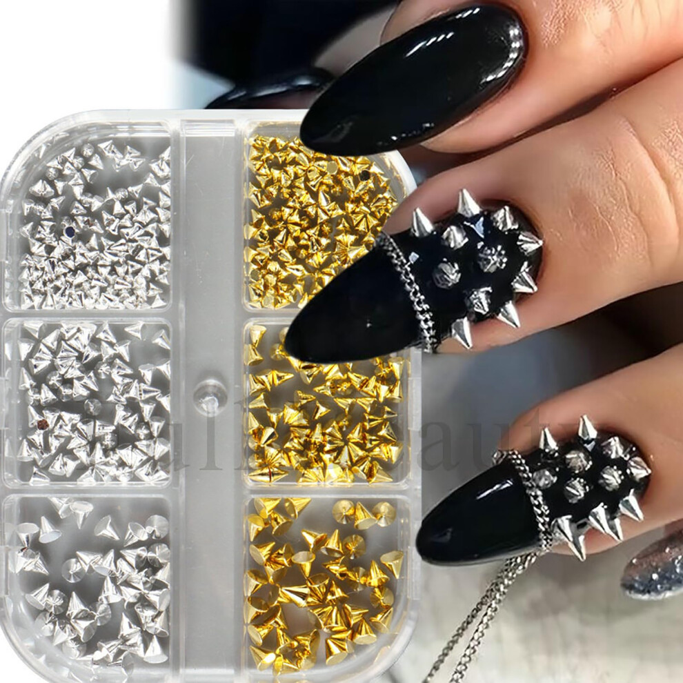 Nail Art Studs Gold and Silver Cone Spike Charms Mixed Sizes Goth Y2K 3D Punk Nail Decorations