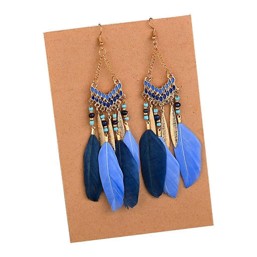 (As Show, Blue) Women Geometric Alloy Long Tassel Dangle Earrings Rice Bead Feather Earring 5213747835452