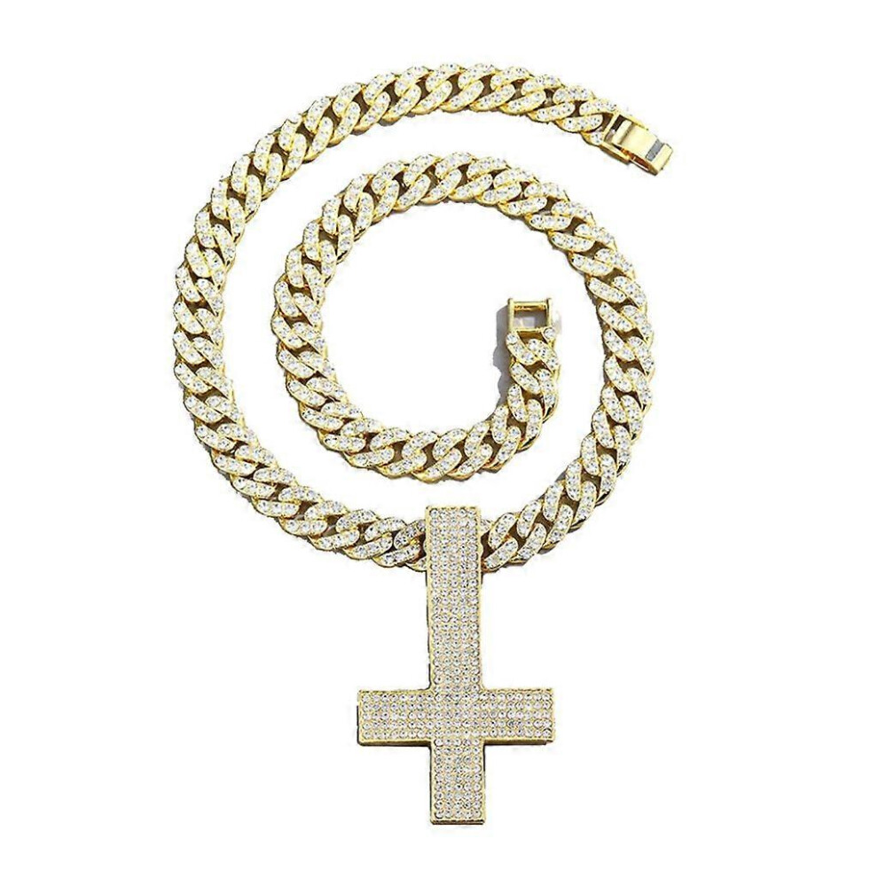 (As Show, Silver) Crystal Cross Pendant Cuban Chain Necklace Religious Christian Clavicle Chain 3242242673759