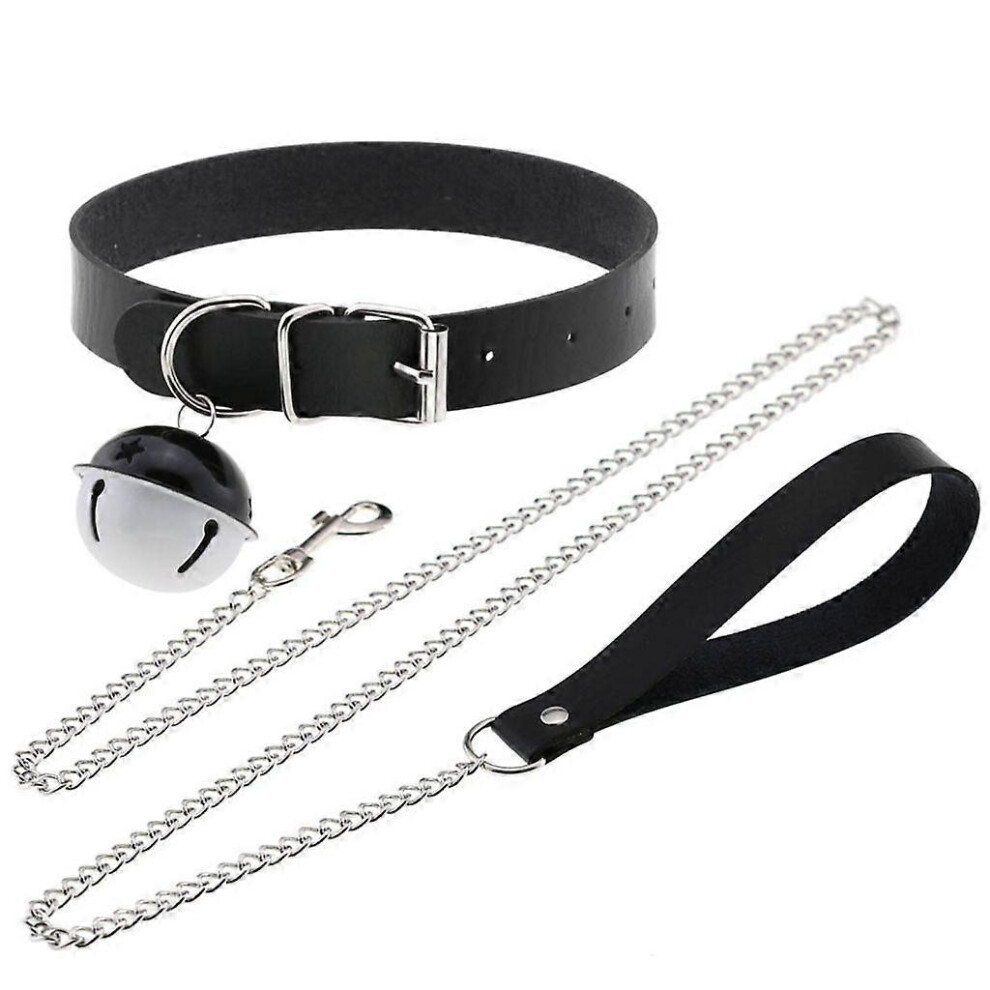 (As Show, Black) Leather Collar Gothic Leather Collar Choker With Chain Detachable Leash Rope 5213747832239