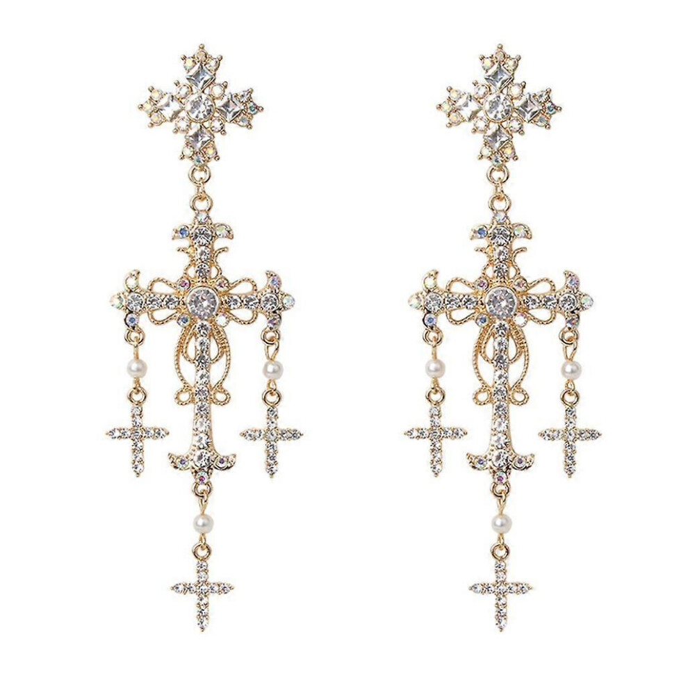 (As Show, Gold) Korean Novel Trend Luxury Palace Style Crystal Pearl Crossed Dangle Earrings 3242242693146