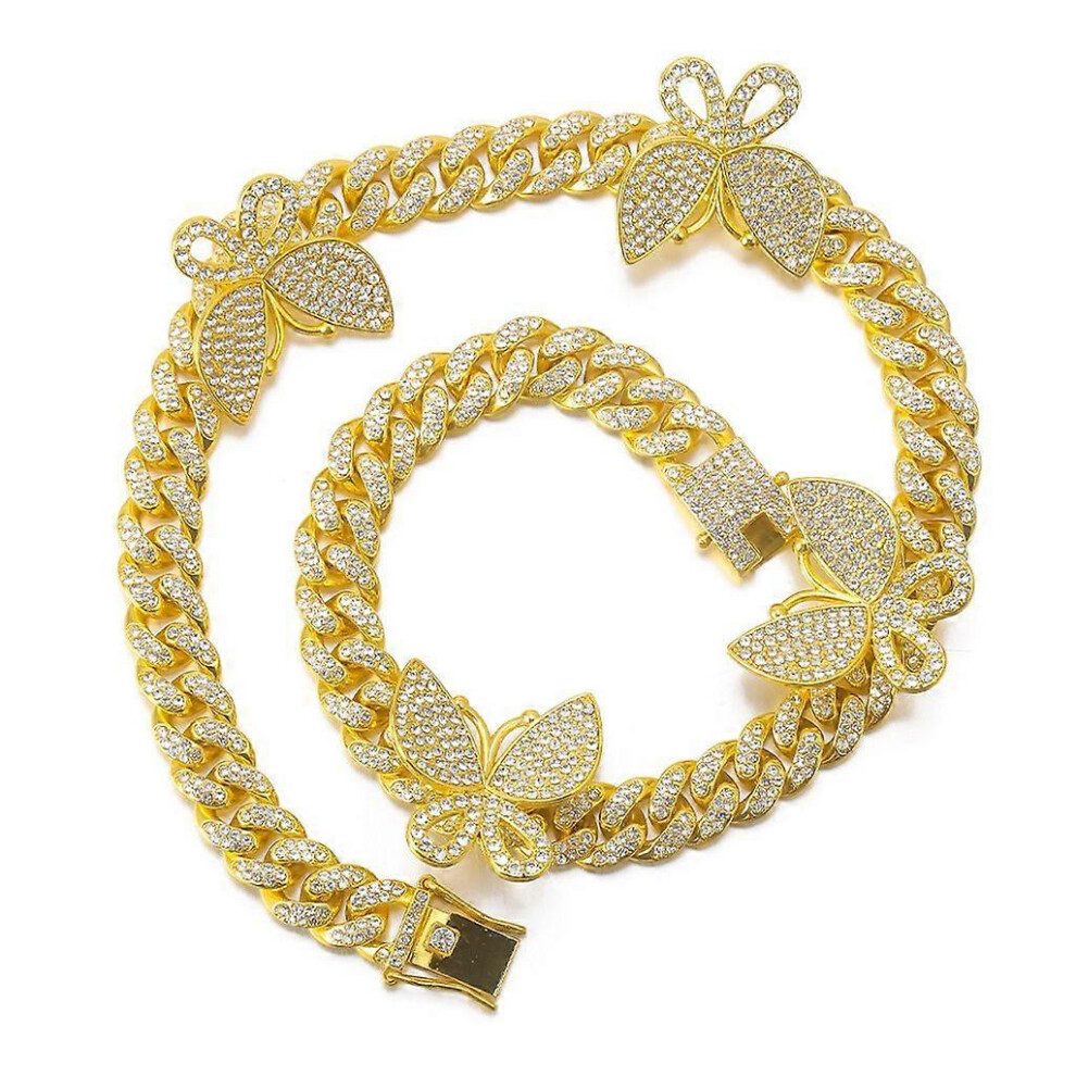 (As Show, One Size) Hip-Hop 12Mm Cuban Link Chain Necklace Butterfly Chunky Cuban Zirconic Choker 3242242691371