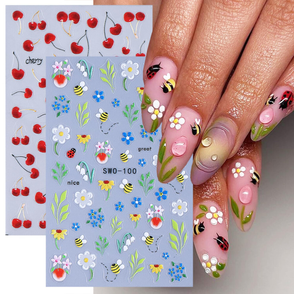 5D SelfAdhesive Summer Nail Stickers Cherry Floral Bee Ladybug Decals for Women Salon Nails