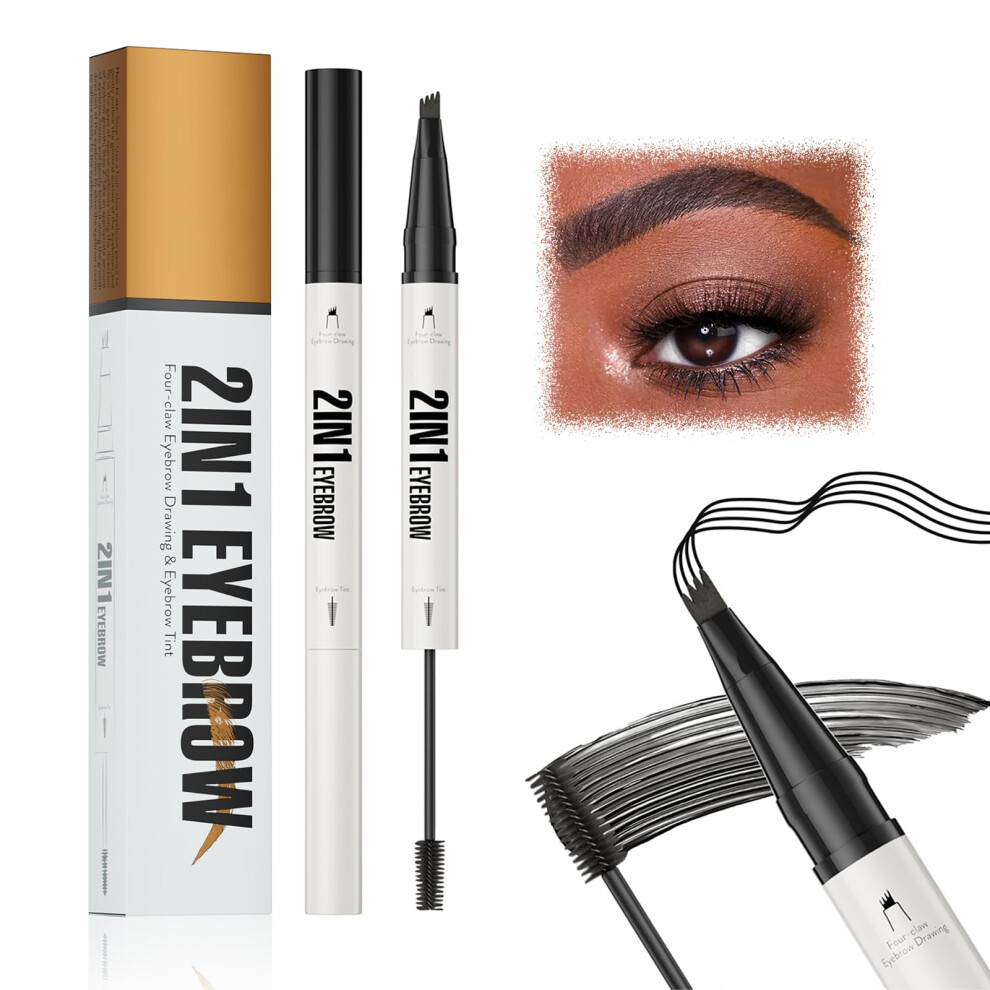 Black Waterproof Dualended Eyebrow Pencil With Gel, Micro Fork Tattoo Pen For Natural Longlasting Brows