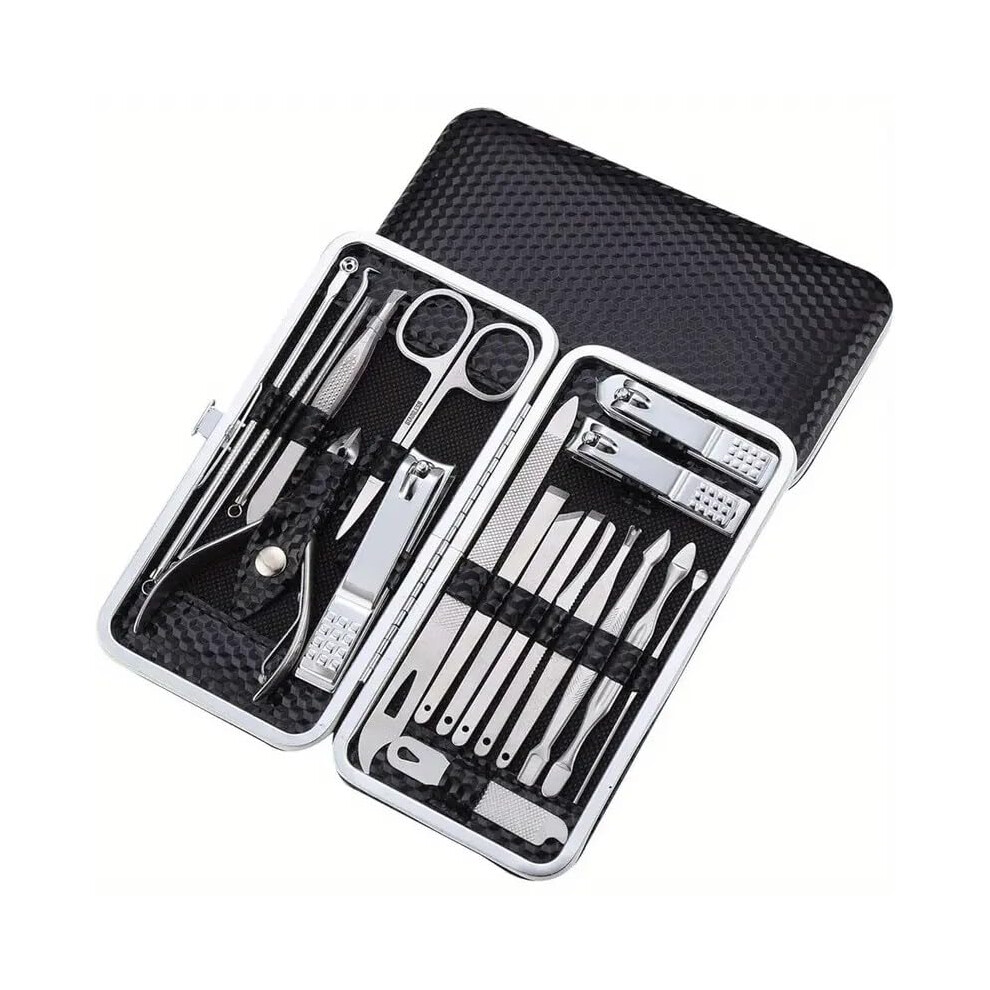 Black Manicure Pedicure Set 19Pcs Stainless Steel Allinone Grooming Kit With Travel Case For Nails And Face