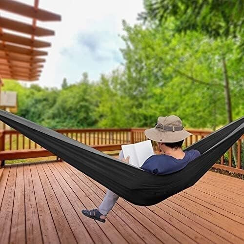 Camping Hammock Lightweight Double Hammock with Carry Bag, 500lbs, Adjustable Hooks, Black Gray 2