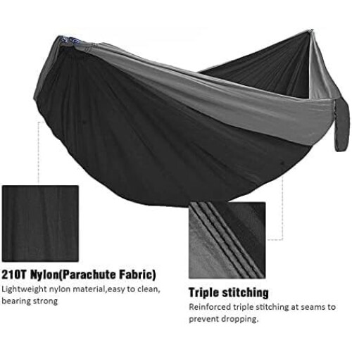 Camping Hammock Lightweight Double Hammock with Carry Bag, 500lbs, Adjustable Hooks, Black Gray 1